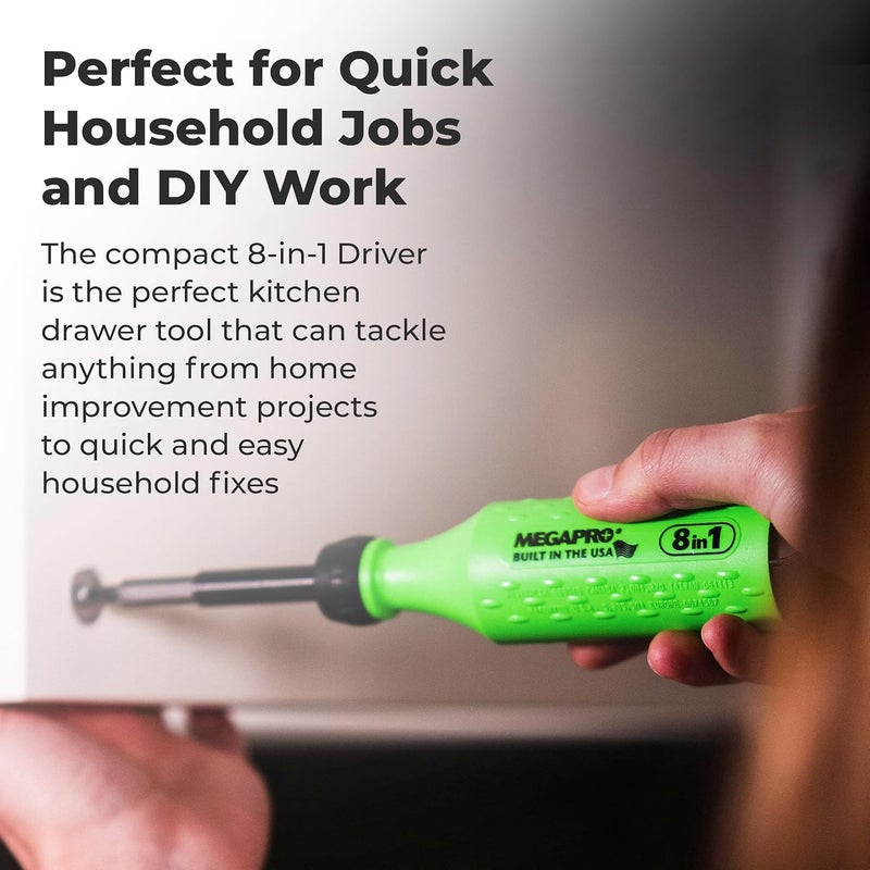 Megapro ® 8-in-1 Multi-Bit Screwdriver | Kitchen Drawer Tool | Furniture Assembly | Household Repairs | Multi-Bit Screwdriver with ¼” Hex Shaft | Phillips, Flat, Square, Torx (Neon Green/Black) - Image 4